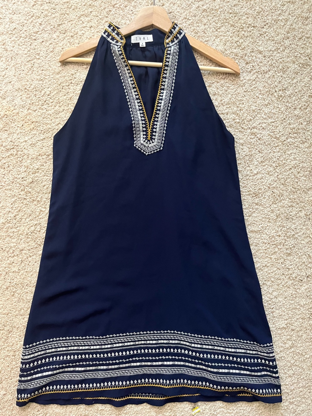 THML Chana shift Navy Sleeveless Midi Dress with Embroidered Neckline small